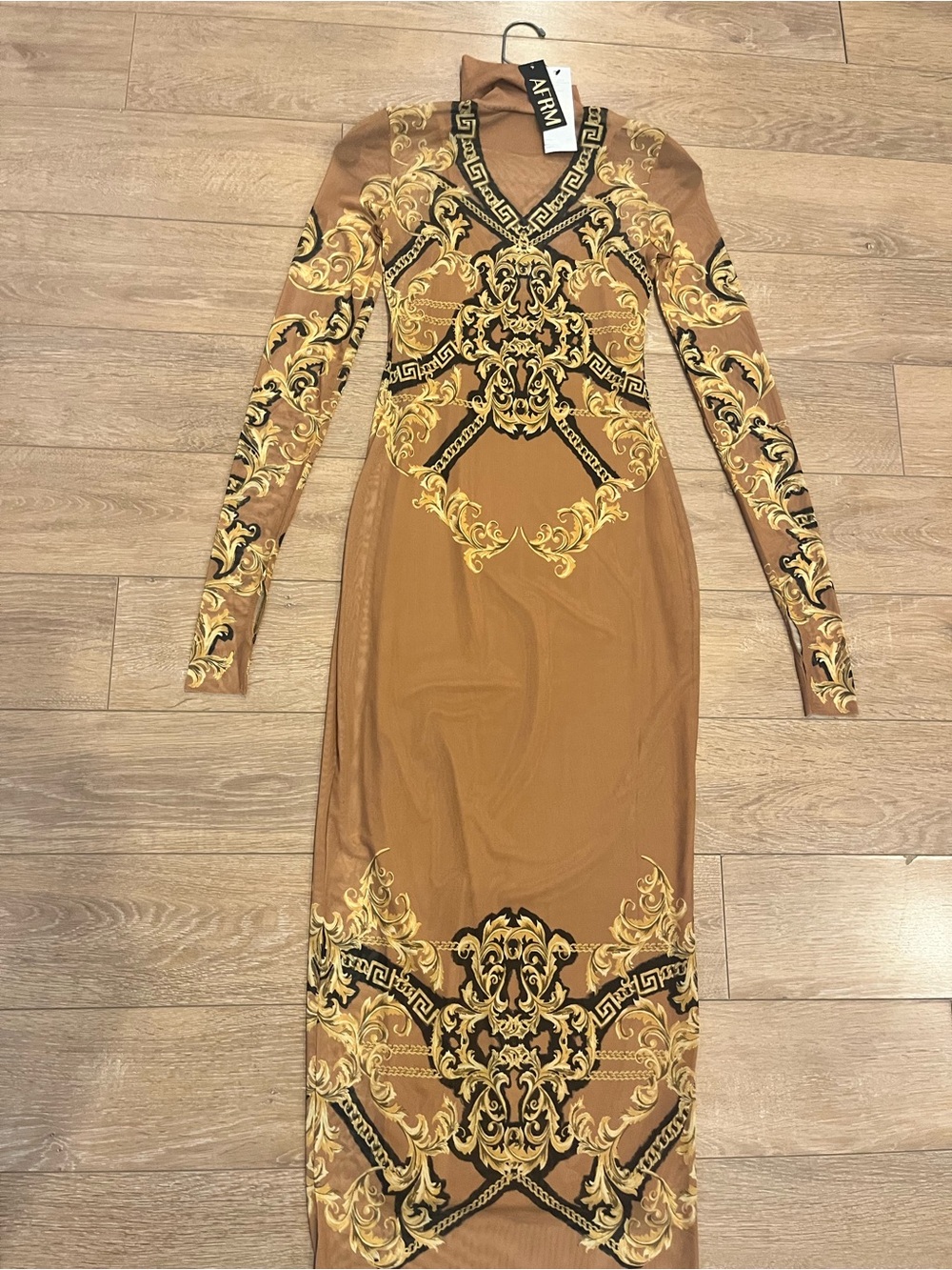 AFRM Brown & Gold Long Sleeve Baroque-Print Bodycon Dress